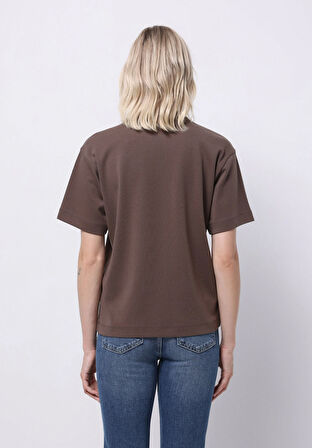 Regular Fit Yuvarlak Yaka Düz Kadın Kahverengi Kısa Kol Tişört