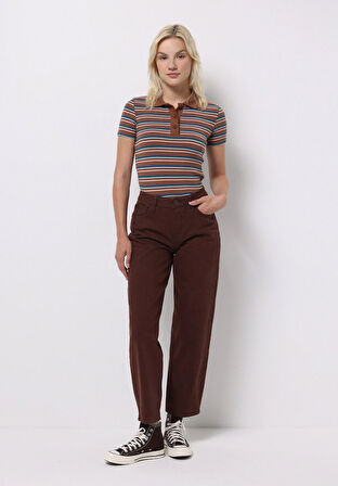 Barrel Fit Yüksel Bel Düz Paça Kadın Kahverengi  Pantolon