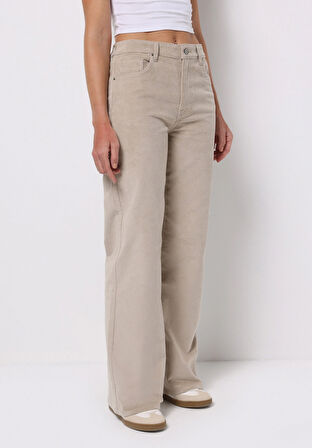Berry Fit Yüksel Bel Geniş Paça Kadın Bej  Pantolon