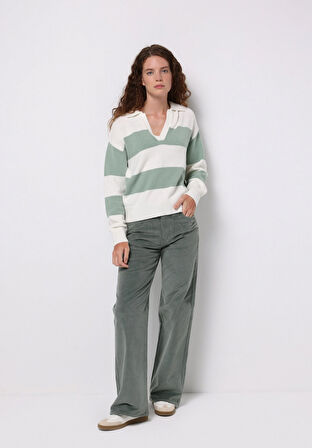 Berry Fit Yüksel Bel Geniş Paça Kadın Yeşil  Pantolon