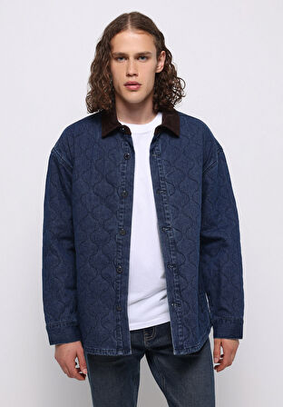 Oversize Fit Fermuarlı Astarsız  Erkek Koyu Mavi Ceket