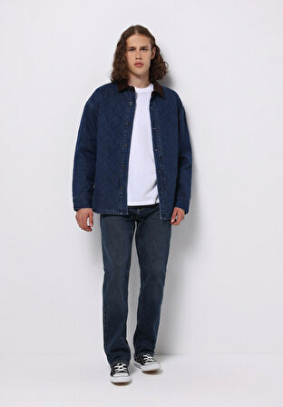 Oversize Fit Fermuarlı Astarsız  Erkek Koyu Mavi Ceket