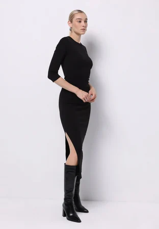 Slim Fit Düz Kadın Siyah ¾ Kol Elbise