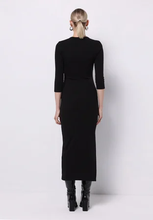 Slim Fit Düz Kadın Siyah ¾ Kol Elbise