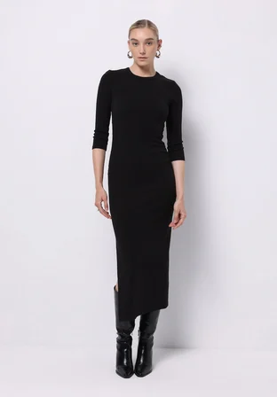 Slim Fit Düz Kadın Siyah ¾ Kol Elbise
