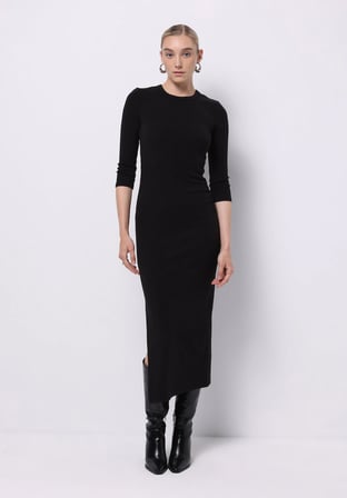 Slim Fit Düz Kadın Siyah ¾ Kol Elbise