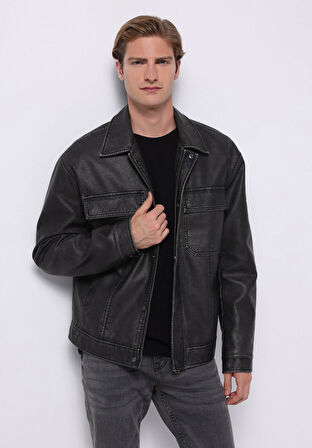 Slim Fit     Erkek Siyah Mont Pu