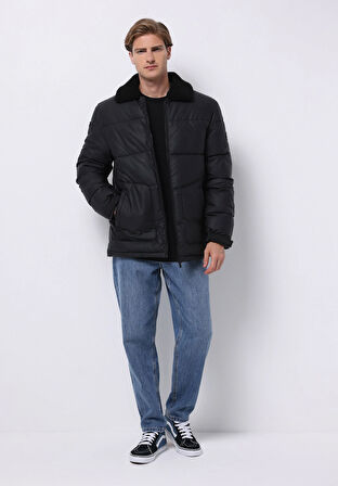 Regular Fit     Erkek Siyah Mont Pu