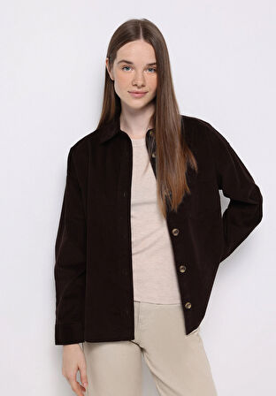 Regular Fit Shirt Neck Düz Kadın Kahverengi Uzun Kol Gömlek