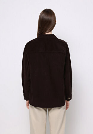 Regular Fit Shirt Neck Düz Kadın Kahverengi Uzun Kol Gömlek