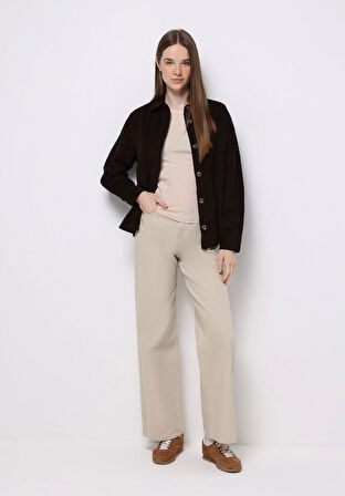 Regular Fit Shirt Neck Düz Kadın Kahverengi Uzun Kol Gömlek