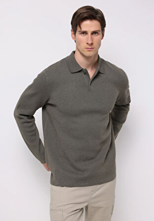Regular Fit Polo Yaka Jakarlı Erkek Yeşil Kazak