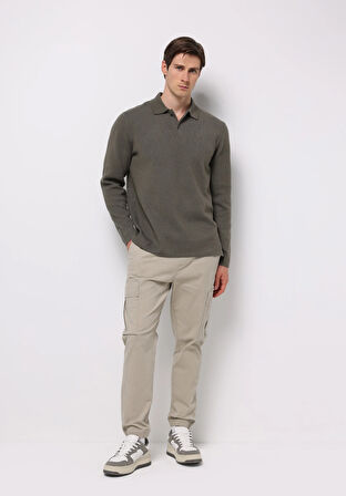 Regular Fit Polo Yaka Jakarlı Erkek Yeşil Kazak