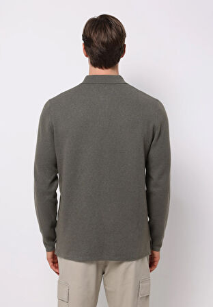 Regular Fit Polo Yaka Jakarlı Erkek Yeşil Kazak