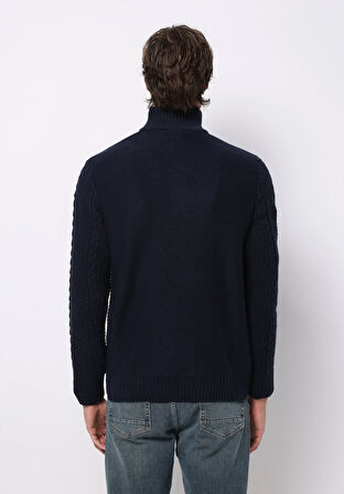 Regular Fit Dik Yaka Jakarlı Erkek Lacivert Kazak