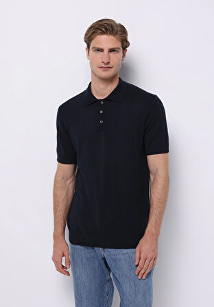 Regular Fit Polo Yaka Jakarlı Erkek Lacivert Kısa Kol Kazak
