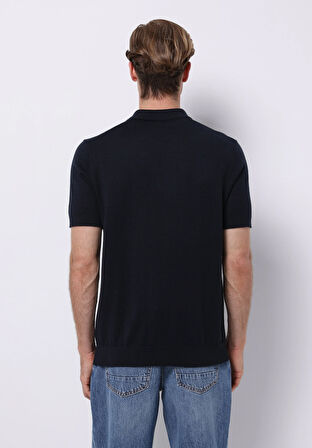 Regular Fit Polo Yaka Jakarlı Erkek Lacivert Kısa Kol Kazak