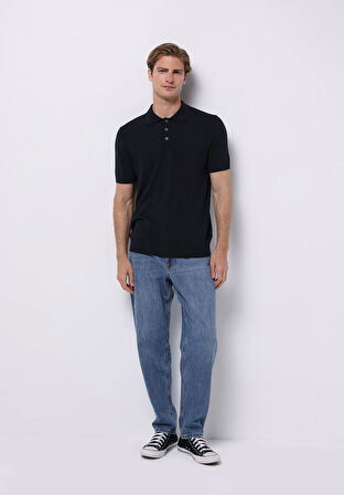 Regular Fit Polo Yaka Jakarlı Erkek Lacivert Kısa Kol Kazak