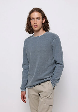 Regular Fit Yuvarlak Yaka Jakarlı Erkek Mavi Kazak