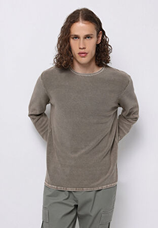 Regular Fit Yuvarlak Yaka Jakarlı Erkek Bej Kazak