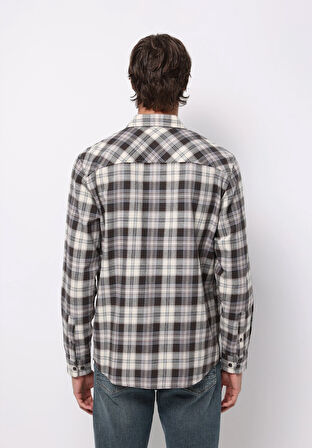 Regular Fit Shirt Neck Ekoseli Erkek Kahverengi Uzun Kol Gömlek