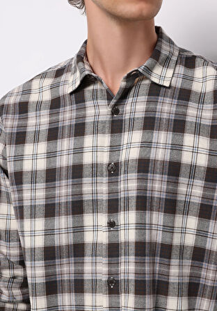 Regular Fit Shirt Neck Ekoseli Erkek Kahverengi Uzun Kol Gömlek