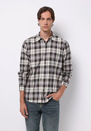 Regular Fit Shirt Neck Ekoseli Erkek Kahverengi Uzun Kol Gömlek