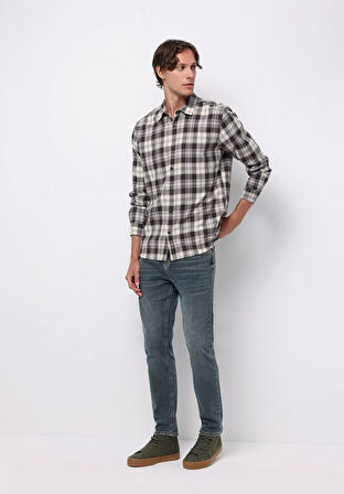 Regular Fit Shirt Neck Ekoseli Erkek Kahverengi Uzun Kol Gömlek