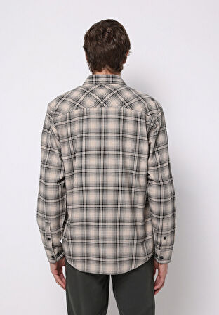 Regular Fit Shirt Neck Ekoseli Erkek Bej Uzun Kol Gömlek