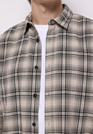 Regular Fit Shirt Neck Ekoseli Erkek Bej Uzun Kol Gömlek