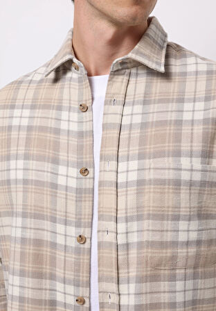 Regular Fit Shirt Neck Ekoseli Erkek Bej Uzun Kol Gömlek
