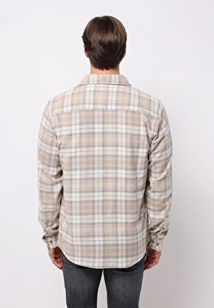 Regular Fit Shirt Neck Ekoseli Erkek Bej Uzun Kol Gömlek
