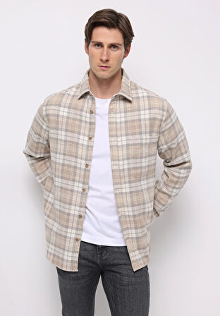 Regular Fit Shirt Neck Ekoseli Erkek Bej Uzun Kol Gömlek