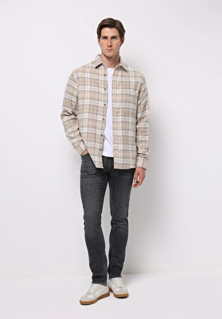 Regular Fit Shirt Neck Ekoseli Erkek Bej Uzun Kol Gömlek