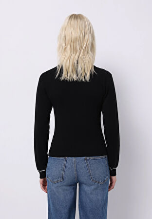 Slim Fit Polo Yaka Düz Kadın Siyah Kazak