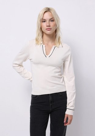 Slim Fit Polo Yaka Düz Kadın Beyaz Kazak