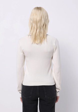 Slim Fit Polo Yaka Düz Kadın Beyaz Kazak