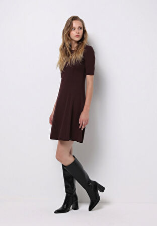Slim Fit Düz Kadın Bordo Kısa Kol Elbise