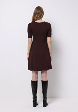 Slim Fit Düz Kadın Bordo Kısa Kol Elbise