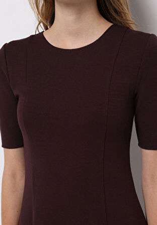 Slim Fit Düz Kadın Bordo Kısa Kol Elbise