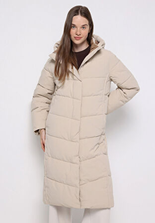 Regular Fit Kapüşonlu Fermuarlı Astarlı Suya Dayanıklı Kadın Ekru Kaban