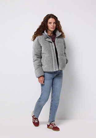 Regular Fit Kapüşonlu Fermuarlı Astarlı  Kadın Gri Mont