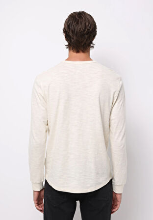 Regular Fit Yuvarlak Yaka Düz Erkek Ekru Uzun Kol Tişört