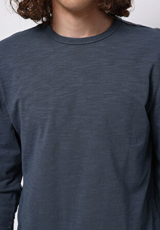 Regular Fit Yuvarlak Yaka Düz Erkek Mavi Uzun Kol Tişört