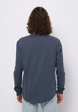Regular Fit Yuvarlak Yaka Düz Erkek Mavi Uzun Kol Tişört