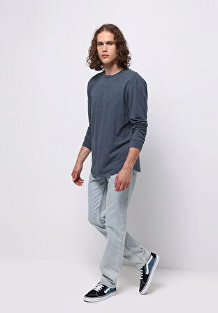 Regular Fit Yuvarlak Yaka Düz Erkek Mavi Uzun Kol Tişört