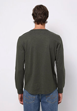 Regular Fit Yuvarlak Yaka Düz Erkek Yeşil Uzun Kol Tişört
