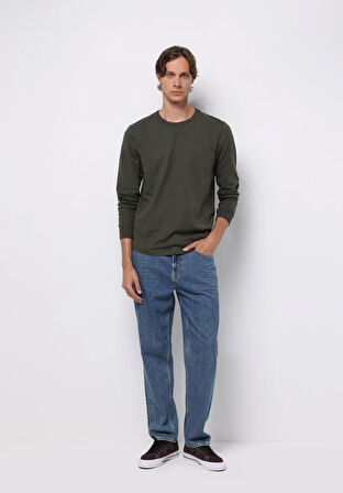 Regular Fit Yuvarlak Yaka Düz Erkek Yeşil Uzun Kol Tişört