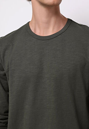 Regular Fit Yuvarlak Yaka Düz Erkek Yeşil Uzun Kol Tişört