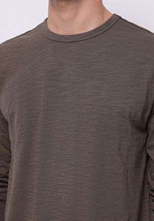 Regular Fit Yuvarlak Yaka Düz Erkek Gri Uzun Kol Tişört